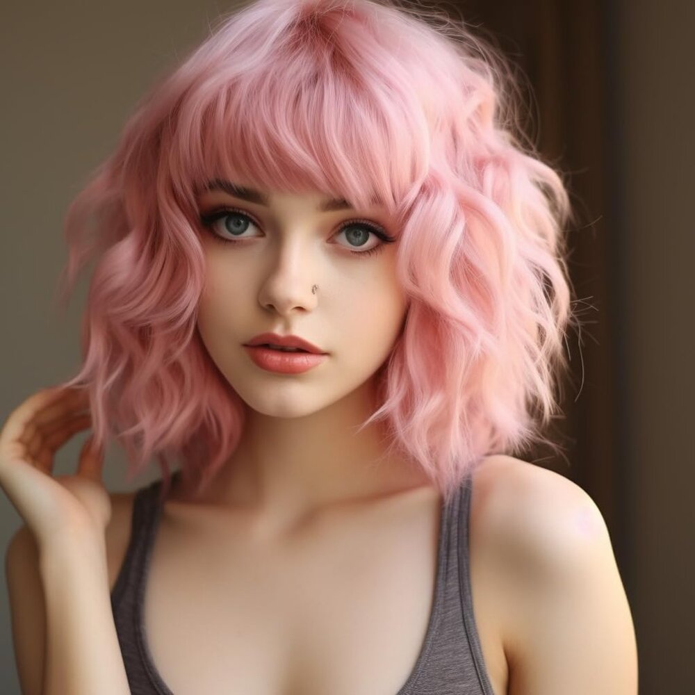 Pink Wig for Women Pastel Wavy Bob with Bangs Shoulder Length Synthetic Hair - Picture 5 of 5